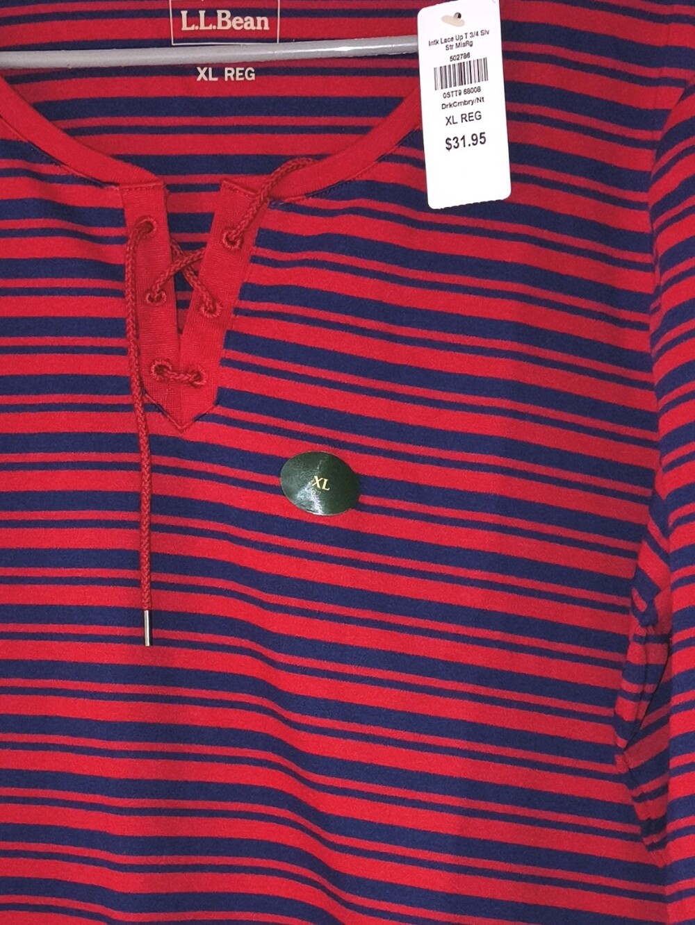 L.L. Bean Red and Navy Striped Lace-Up Long Sleeve Tee